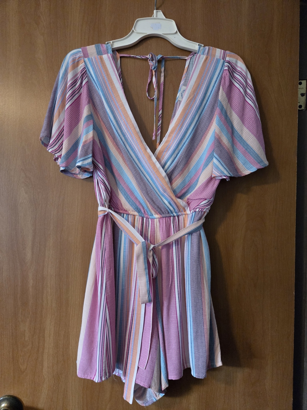 BLUE RAIN Pastel Striped Wrap Romper in Pink, Blue & Peach Size S Summer